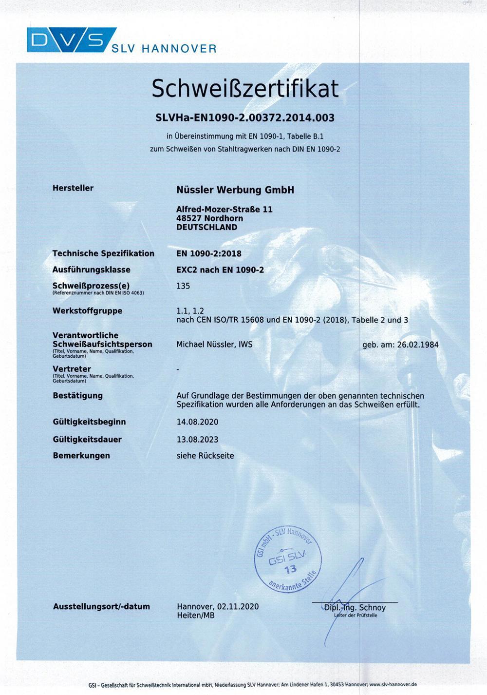 2020 Schweiss Zertifikat EN 1090 2 003