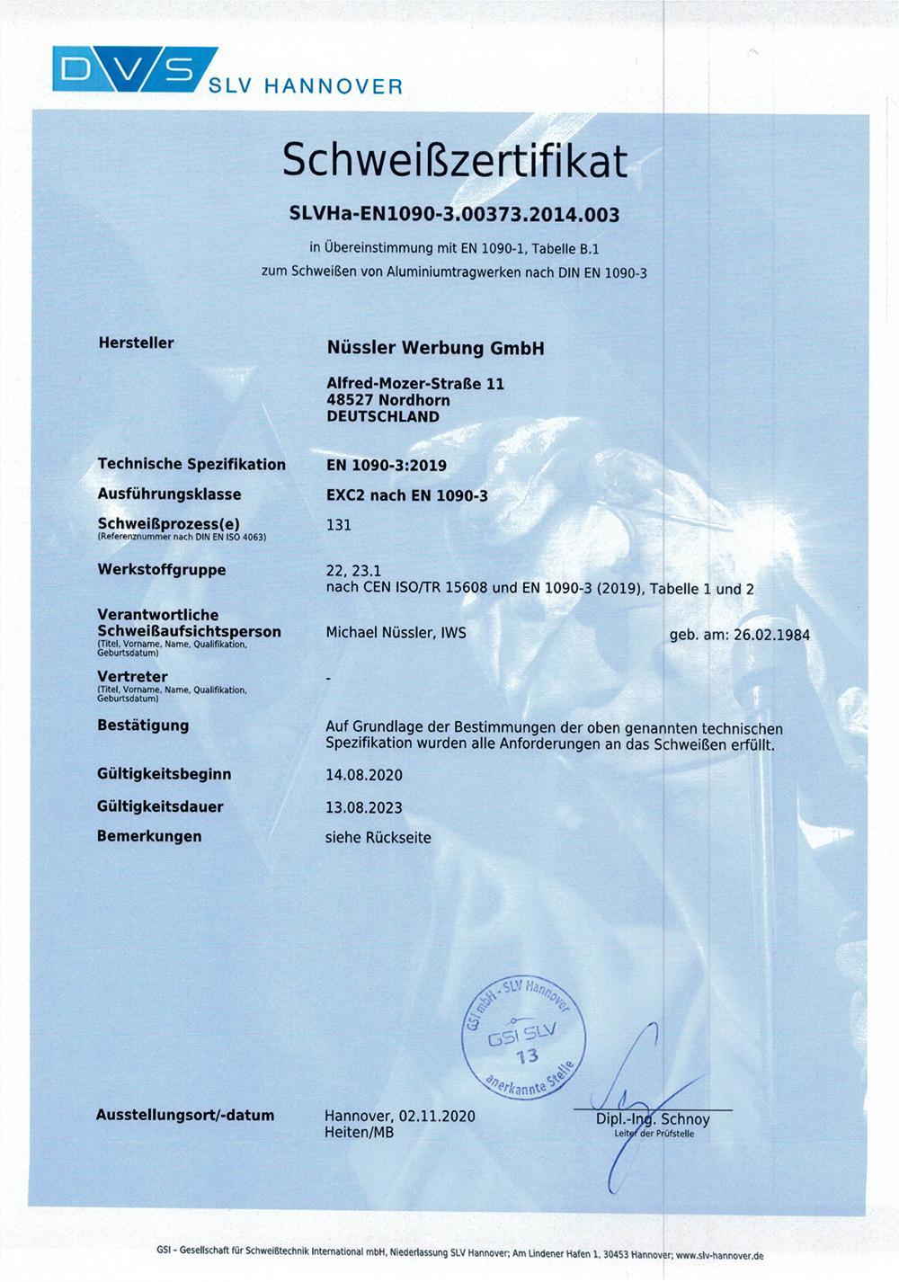 2020 Schweiss Zertifikat EN 1090 3 003