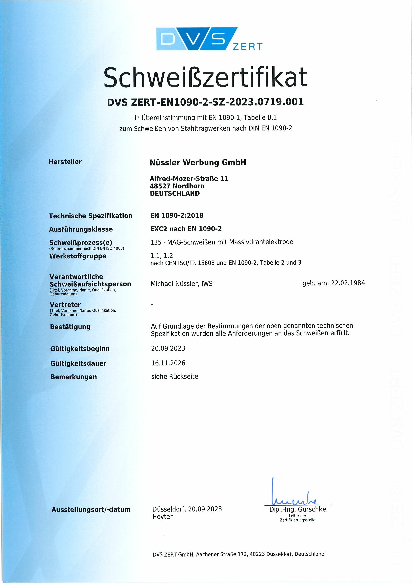 2023 Schweiss Zertifikat EN 1090 2 0719 001